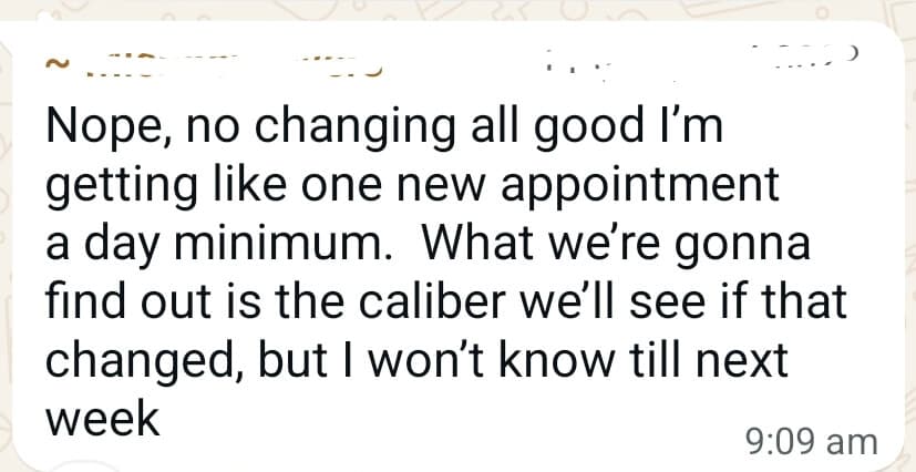 WhatsApp message saying the inbox is full of replies and strategies may need to change because the next month is already booked