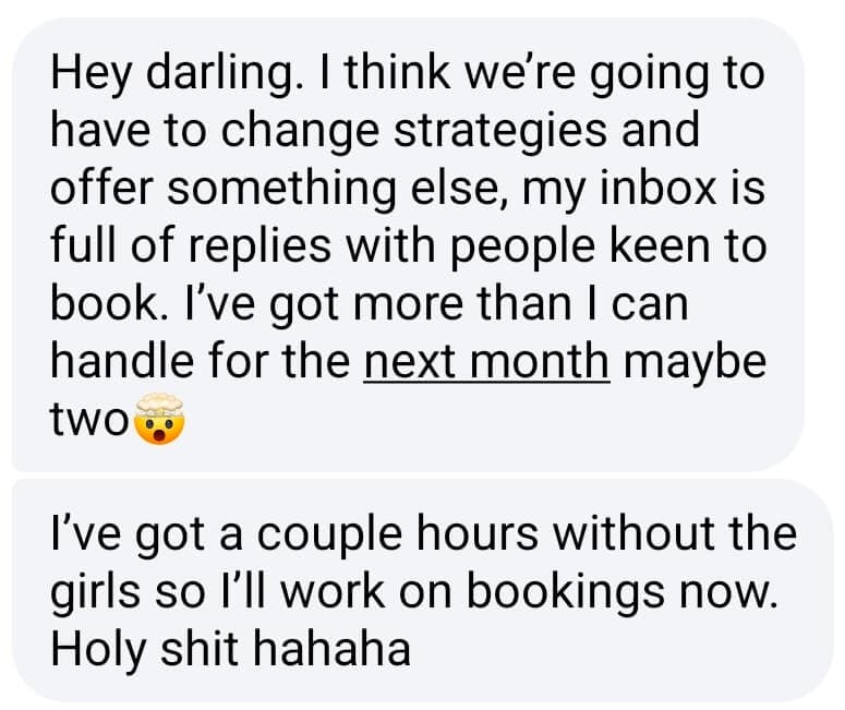 Messenger message saying they are getting about one new appointment per day minimum